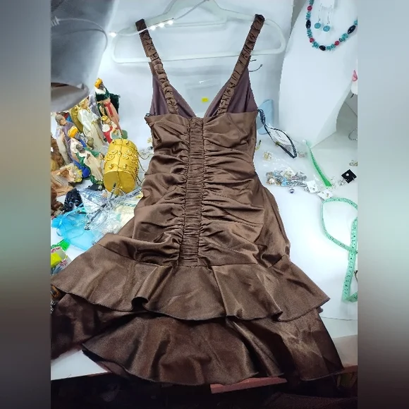 New Vintage Jessica McClintock Brown Satin Short Dress - Picture 4 of 7